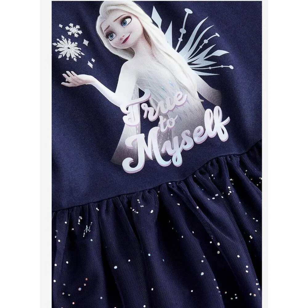 H&M Girls Disney Frozen Elsa Tulle-skirt Jersey Dress in Navy